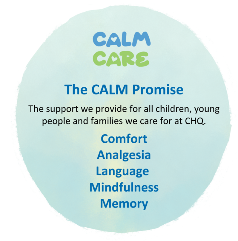 CALM stands for Comfort, Analgesia, Language, Mindfulness and Memory – the five elements we promise to use with every child to provide the best possible procedural care experience.