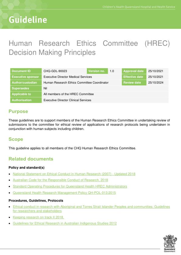 Thumbnail of Human Research Ethics Committee (HREC) decision making principles guideline