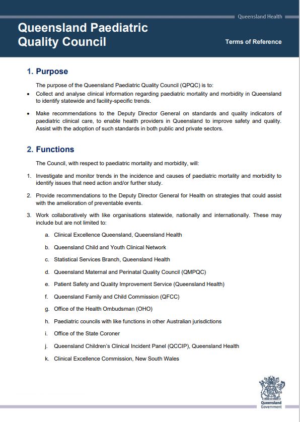 Thumbnail of Queensland Paediatric Quality Council  (QPQC) terms of reference