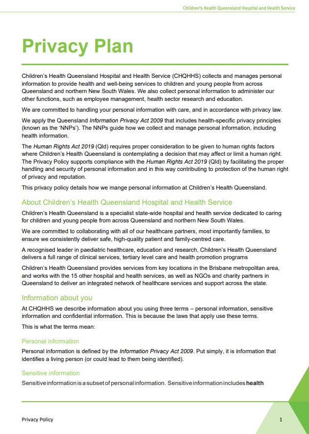 Thumbnail of Children’s Health Queensland Hospital and Health Service Privacy Statement