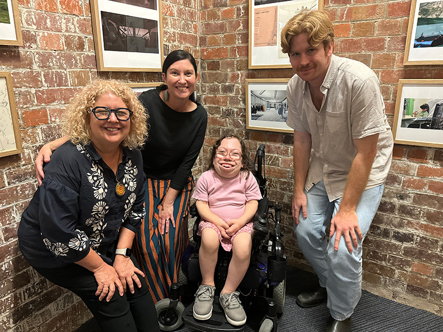 patient Sophie Nance with Dr Jan Cattoni, Bonnie Melrose and artist Guy Lobwein 