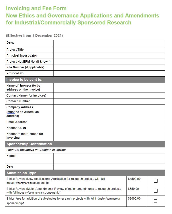 Thumbnail of Invoicing and Fee Form New Ethics and Governance Applications and Amendments for Industrial/Commercially Sponsored Research